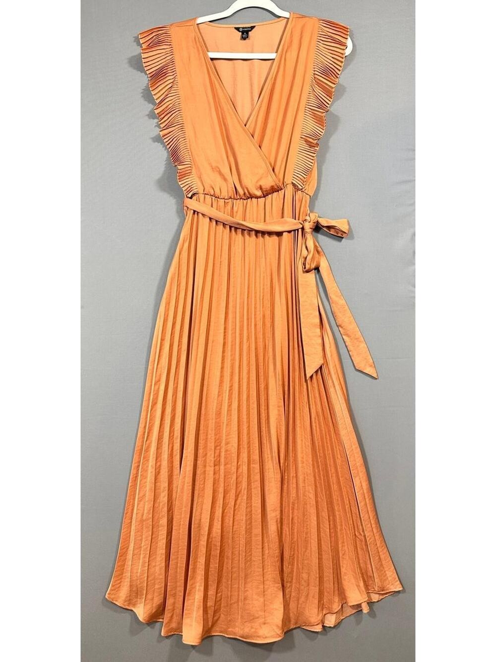 Versona Women’s Orange Solid Maxi Dress S Ruffle Belted Tie Woven Rayon